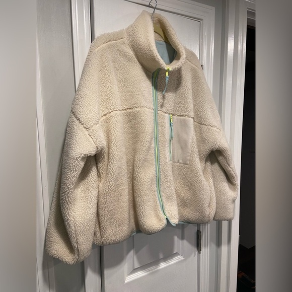 Gap Size XXL Cream Full Zip Teddy Fleece Jacket Blue Neon Pockets Mock Neck - Picture 5 of 12